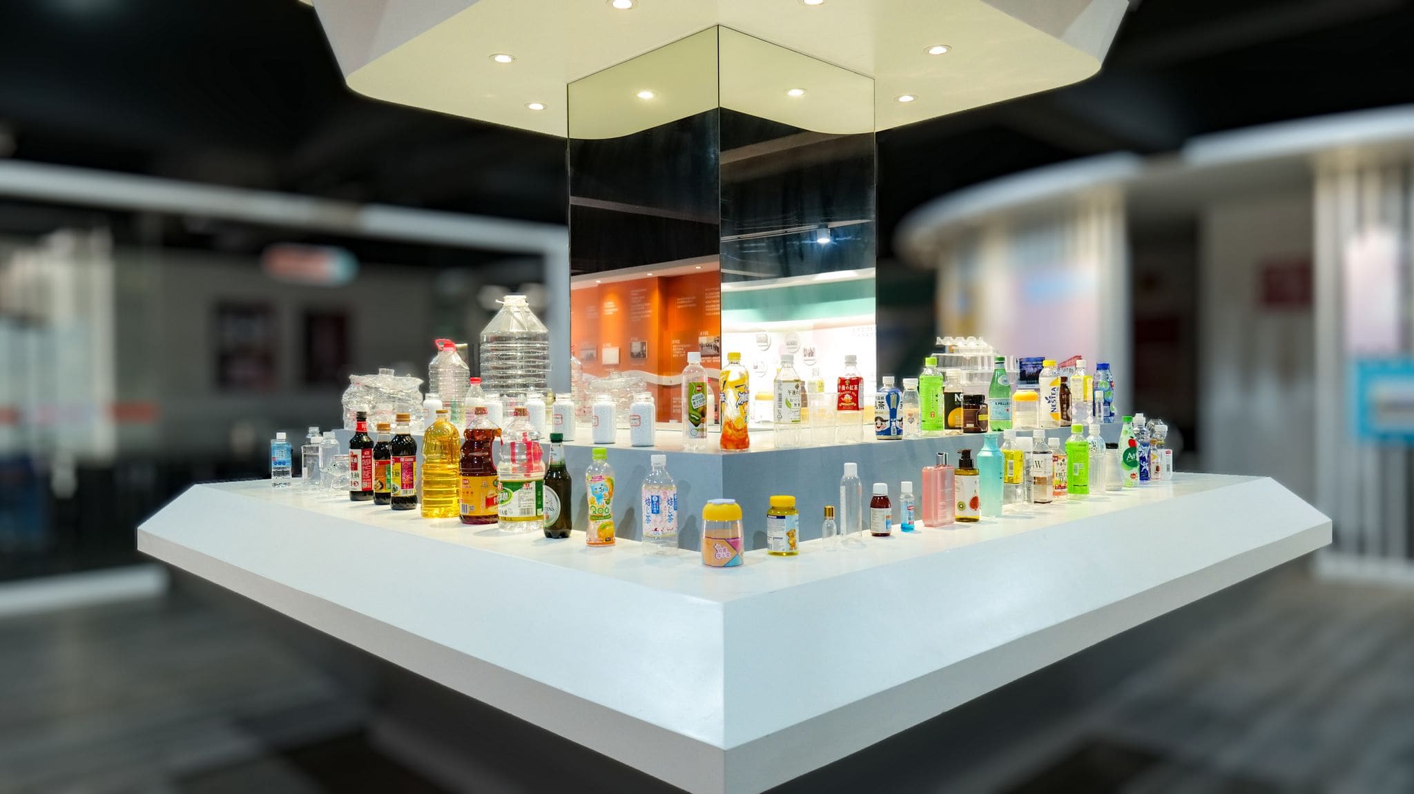 Wankai showroom with PET bottles and packaging made from the resin